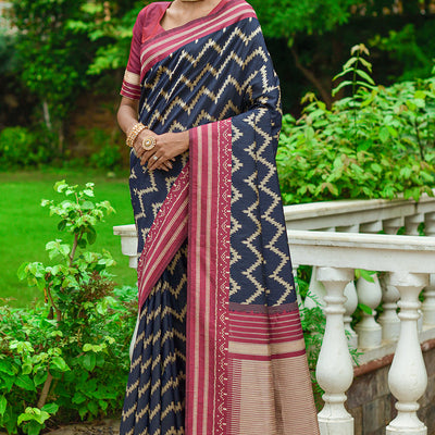 Blue And Red Raw Silk Saree