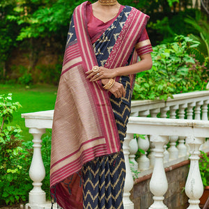 Blue And Red Raw Silk Saree