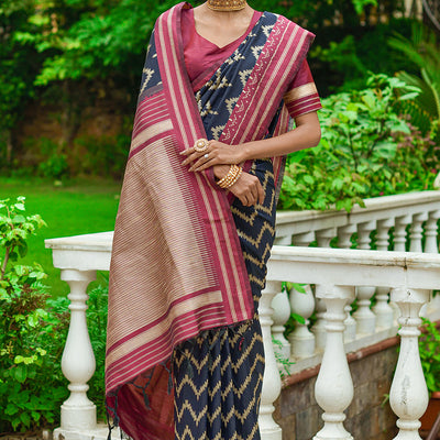 Blue And Red Raw Silk Saree