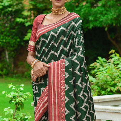 Bottle Green And Red Raw Silk Saree