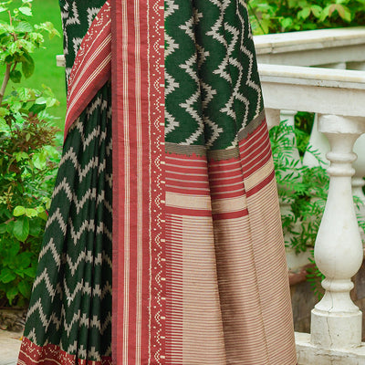 Bottle Green And Red Raw Silk Saree