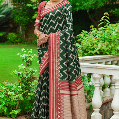 Bottle Green And Red Raw Silk Saree