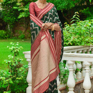 Bottle Green And Red Raw Silk Saree