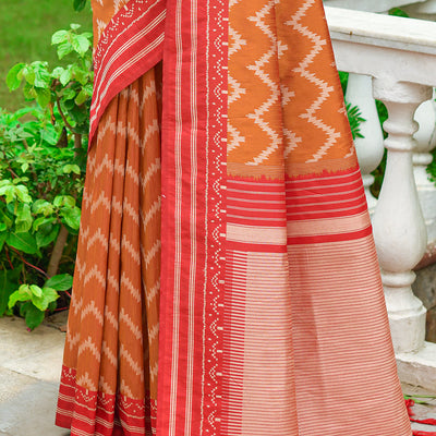 Orange And Red Raw Silk Saree