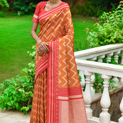 Orange And Red Raw Silk Saree