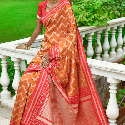 Orange And Red Raw Silk Saree