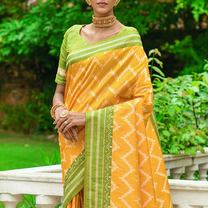 Yellow And Green Raw Silk Saree