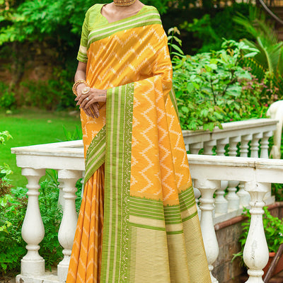 Yellow And Green Raw Silk Saree