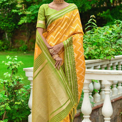 Yellow And Green Raw Silk Saree