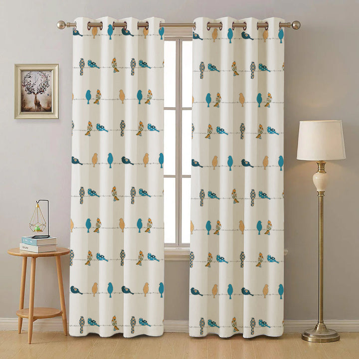 100% Pure Cotton Curtains For Kids Room, Pack of 2 Curtains - Humming bird - Blue