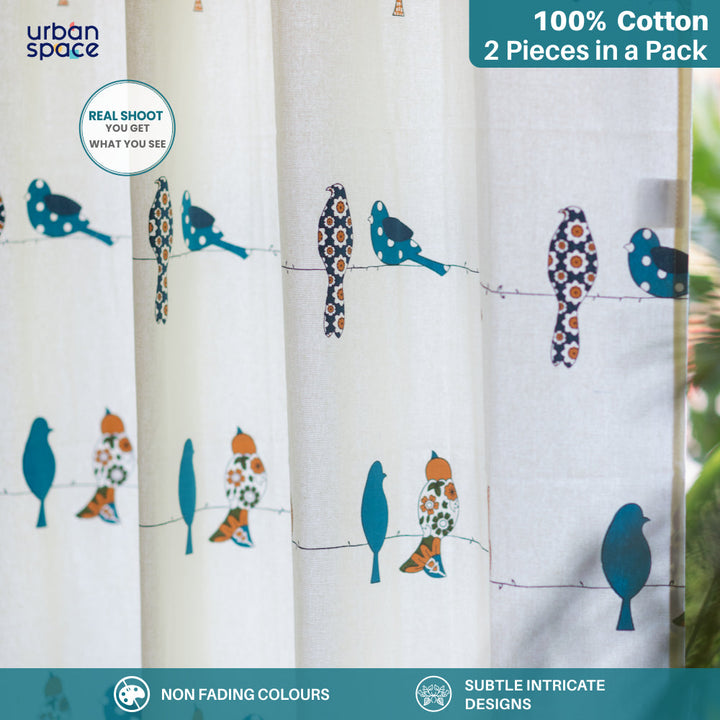 100% Pure Cotton Curtains For Kids Room, Pack of 2 Curtains - Humming bird - Blue