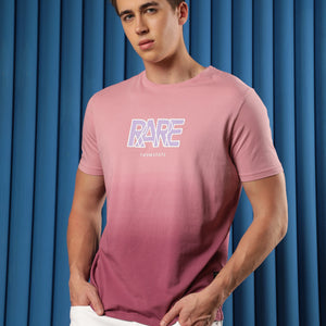 Rare Rabbit Men's Albury Pink Cotton Lycra Fabric Crew Neck Half Sleeves Regular Fit Graphic Print Branding Ombre T-Shirt