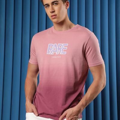 Rare Rabbit Men's Albury Pink Cotton Lycra Fabric Crew Neck Half Sleeves Regular Fit Graphic Print Branding Ombre T-Shirt