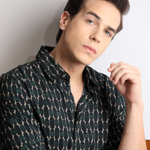 Rare Rabbit Mens Oliver Green Viscose Fabric Full Sleeves Slim Fit Geometric Print Shirt