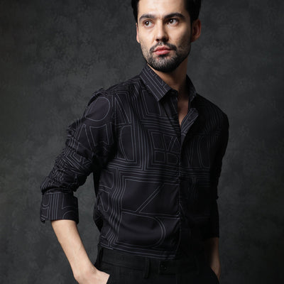 Rare Rabbit Men's Malfor Black Viscose Fabric Graphic Print Full Sleeves Shirt