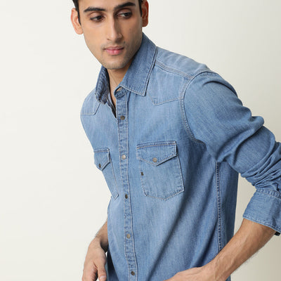 Rare Rabbit Men's Taison Light Blue Full Sleeves Denim Shirt