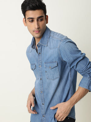 Rare Rabbit Men's Taison Light Blue Full Sleeves Denim Shirt