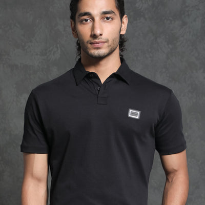 Rare Rabbit Men's Badger-1 Black Cotton Fabric Collared Neck Half Sleeves Solid Polo T-Shirt