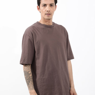 Rare Rabbit Mens Heros Dusky Maroon Cotton Lycra Fabric Blend Drop Shoulder Short Sleeve Oversized Fit Solid T-Shirt