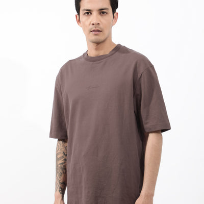 Rare Rabbit Mens Heros Dusky Maroon Cotton Lycra Fabric Blend Drop Shoulder Short Sleeve Oversized Fit Solid T-Shirt