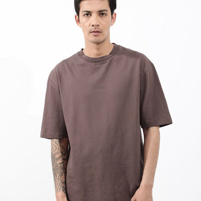 Rare Rabbit Mens Heros Dusky Maroon Cotton Lycra Fabric Blend Drop Shoulder Short Sleeve Oversized Fit Solid T-Shirt
