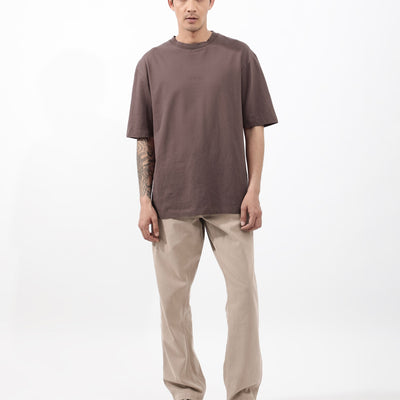 Rare Rabbit Mens Heros Dusky Maroon Cotton Lycra Fabric Blend Drop Shoulder Short Sleeve Oversized Fit Solid T-Shirt
