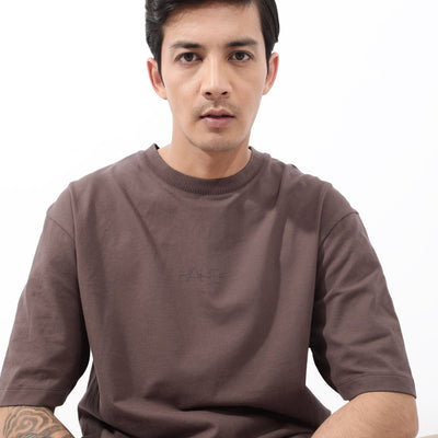 Rare Rabbit Mens Heros Dusky Maroon Cotton Lycra Fabric Blend Drop Shoulder Short Sleeve Oversized Fit Solid T-Shirt