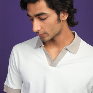 Rare Rabbit Men's Carmelo Off-White Cotton Fabric Johnny Collar Contrasting Sleeves And Collar Half Sleeve Polo T-Shirt