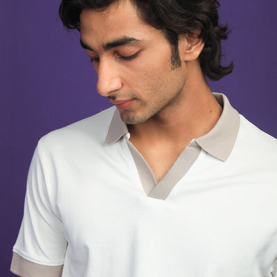 Rare Rabbit Men's Carmelo Off-White Cotton Fabric Johnny Collar Contrasting Sleeves And Collar Half Sleeve Polo T-Shirt