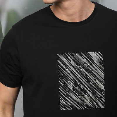 Rare Rabbit Men's Otter Black Cotton Lycra Fabric Half Sleeves Graphic Print T-Shirt