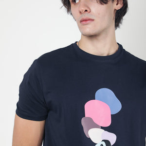 Rare Rabbit Men's Scoopp Navy Crew Neck Abstract Graphic Printed Half Sleeves Slim Fit T-Shirt