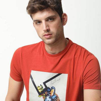 Rare Rabbit Mens Chak Rust T-Shirt Cotton Fabric Slim Fit Crew Neck Short Sleeve