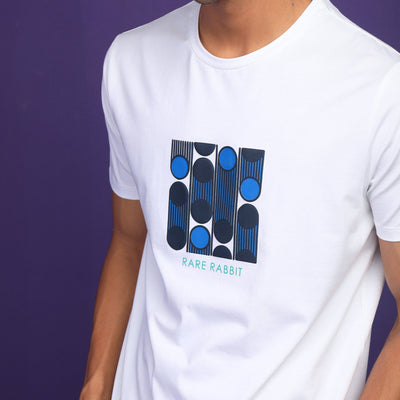 Rare Rabbit Men's Forest White Crew Neck Placement Graphic Print Slim Fit T-Shirt