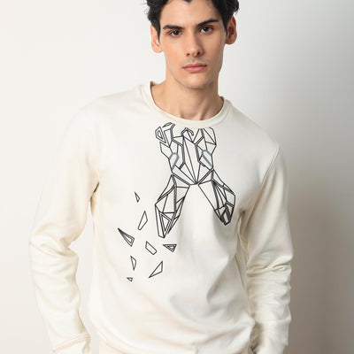 Rare Rabbit Mens Oakk Off White Full Sleeves Crew Neck Graphic Logo Print Sweatshirt
