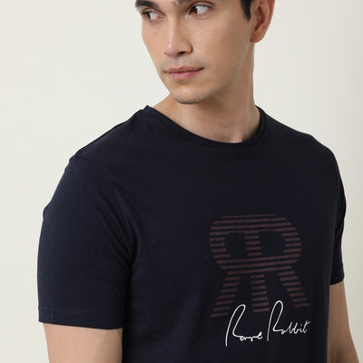 RARE RABBIT MENS NEAR NAVY T-SHIRT COTTON FABRIC SLIM FIT CREW NECK SHORT SLEEVE GRAPHIC PRINT