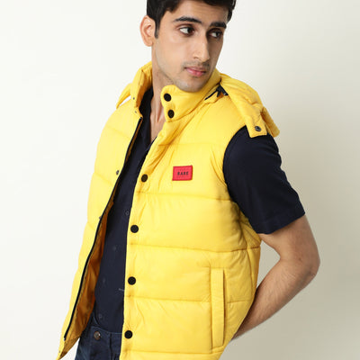 Rare Rabbit Men's Depot Yellow Plain Sleeveless Detachable Hood Puffer Jacket