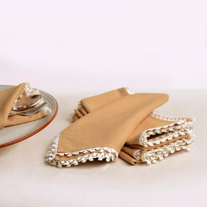 Brown - Dining Table Premium Cotton Table Napkin with Crochet Ends (Set of 6)