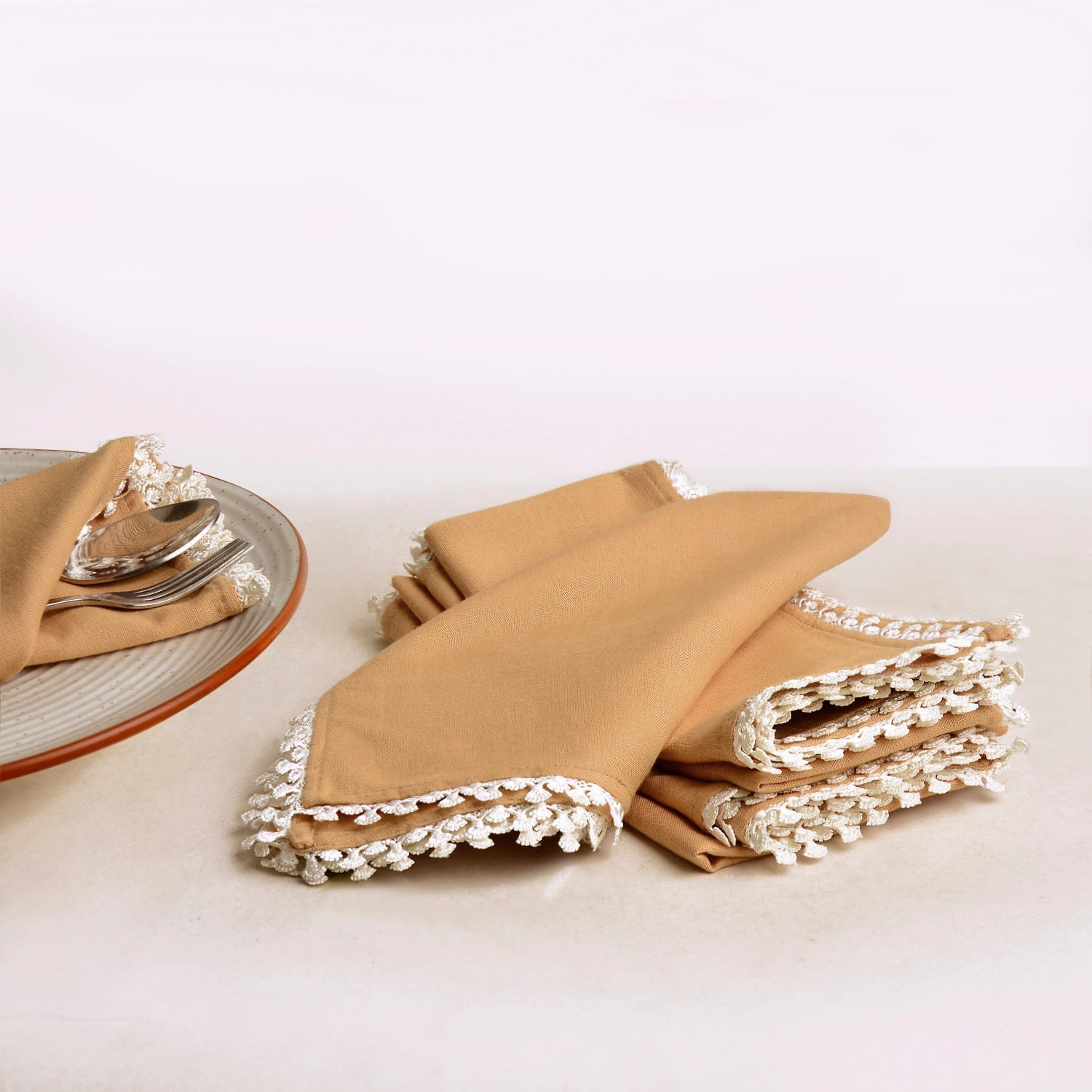 Brown - Dining Table Premium Cotton Table Napkin with Crochet Ends (Set of 6)
