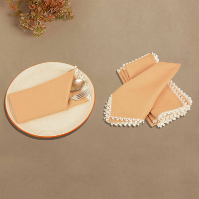 Brown - Dining Table Premium Cotton Table Napkin with Crochet Ends (Set of 6)