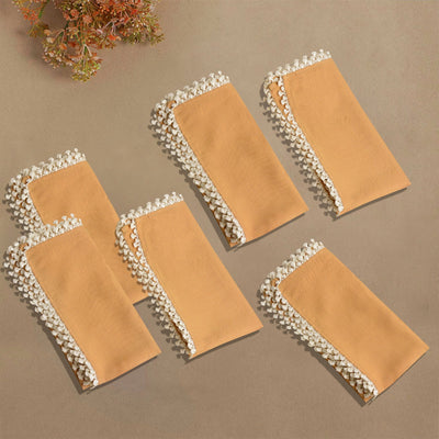 Brown - Dining Table Premium Cotton Table Napkin with Crochet Ends (Set of 6)