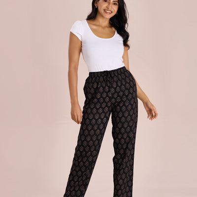 Women Printed Black Mid Rise Viscose Lounge Pants