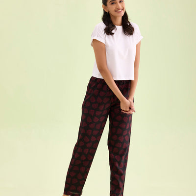 Women Printed Black Woven Viscose Mid Rise Lounge Pants