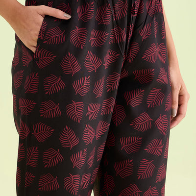 Women Printed Black Woven Viscose Mid Rise Lounge Pants