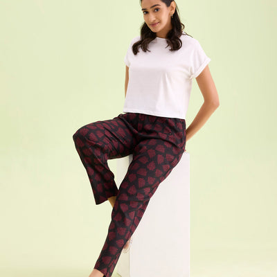Women Printed Black Woven Viscose Mid Rise Lounge Pants