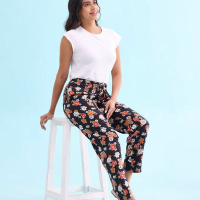 Women Printed Blacks Mid Rise Woven Viscose Lounge Pants