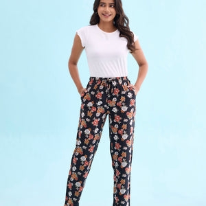 Women Printed Blacks Mid Rise Woven Viscose Lounge Pants