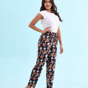 Women Printed Blacks Mid Rise Woven Viscose Lounge Pants