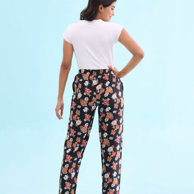 Women Printed Blacks Mid Rise Woven Viscose Lounge Pants