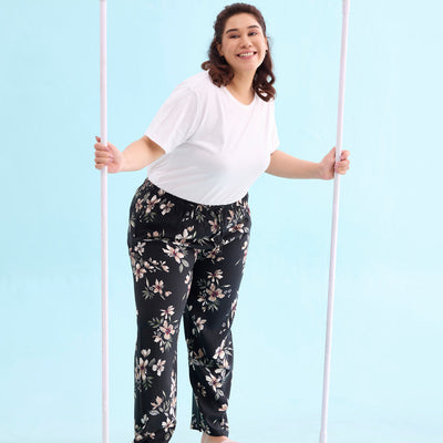Women Printed Black Woven Mid Rise Viscose Lounge Pants