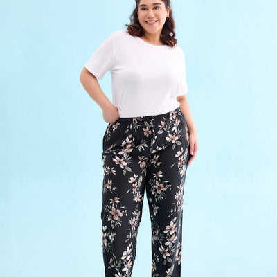 Women Printed Black Woven Mid Rise Viscose Lounge Pants